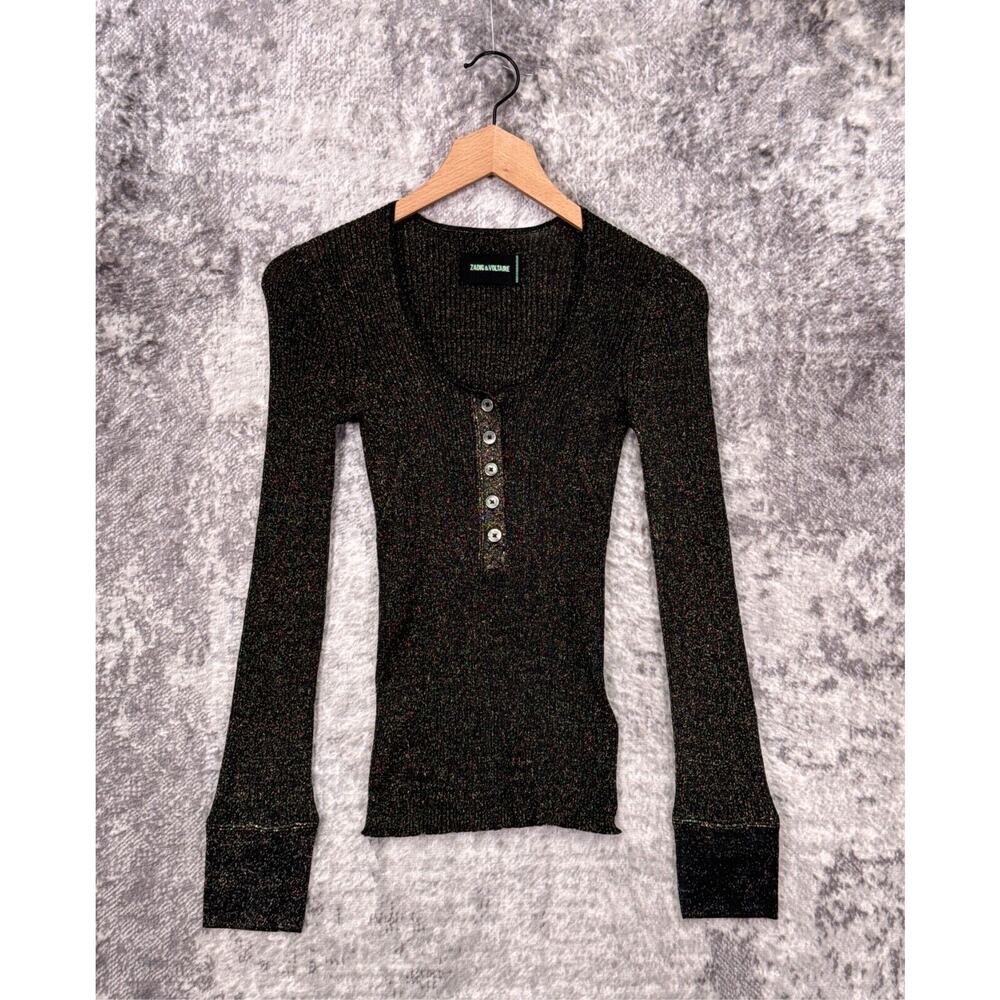 Zadig & Voltaire Top Small Womens Mila Lurex Metallic Ribbed Henley Long Sleeve